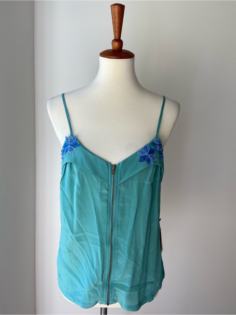 Vintage Silk Turquoise Spaghetti Strap Camisole with Front Zip